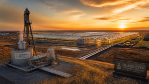 Geothermal power site at sunset with a tall well tower, piping, and a glass greenhouse complex in the distance; sign reads Geothermal Energy and Glass City Sustainable Growth.