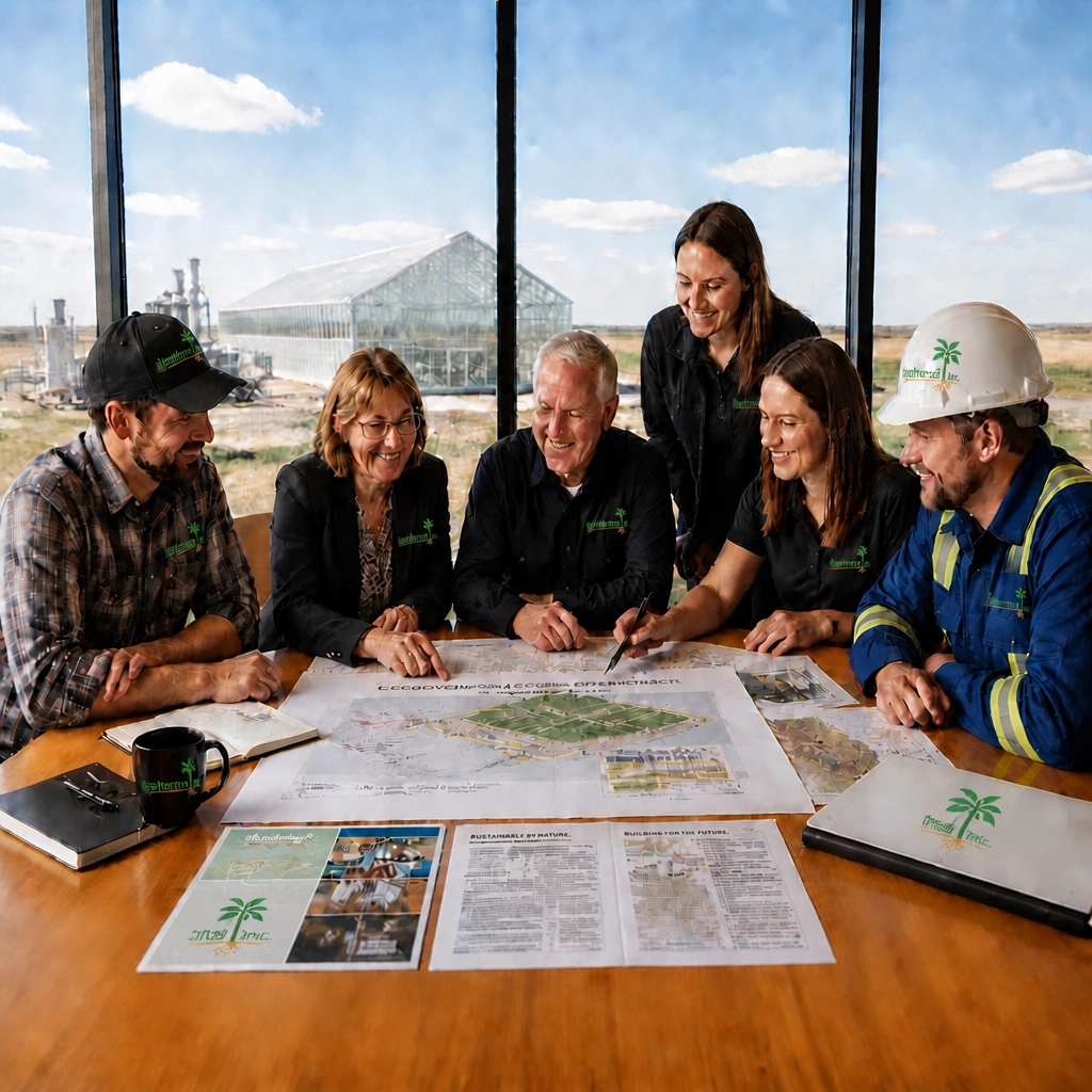 Six professionals around a table reviewing large blueprints for a sustainable farm project, with a greenhouse visible outside the window.