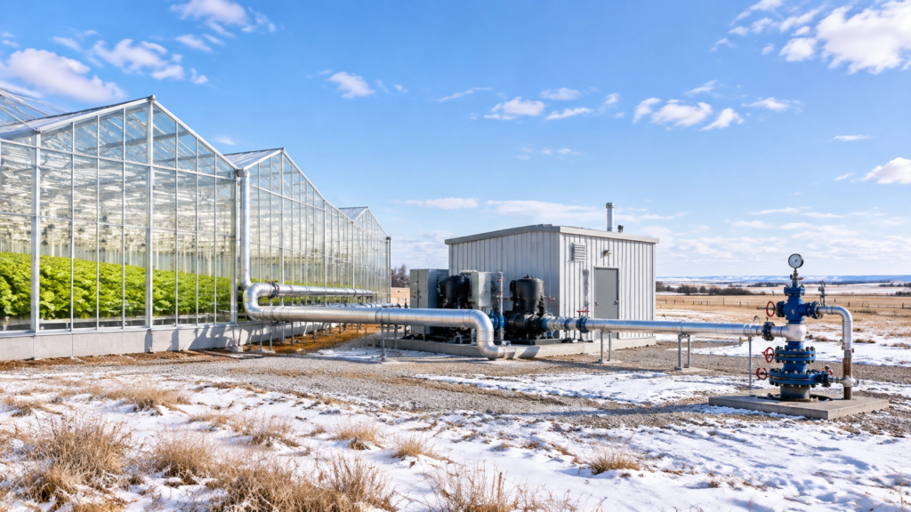 Greenhouse with glass walls connected to silver piping and pumps in a snow-dusted field.