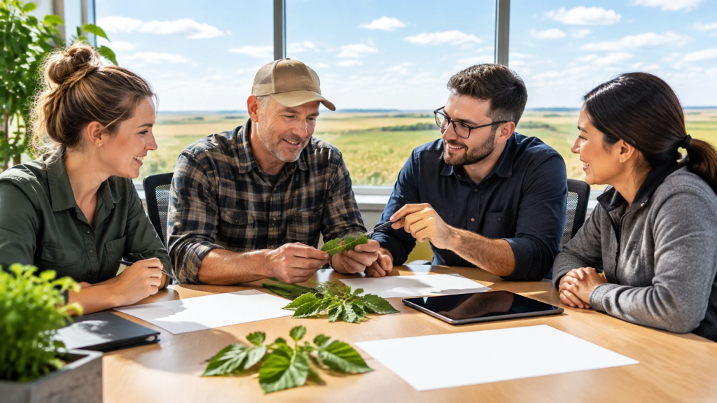 Four coworkers discuss and compare green leaf samples at a sunny meeting table.
