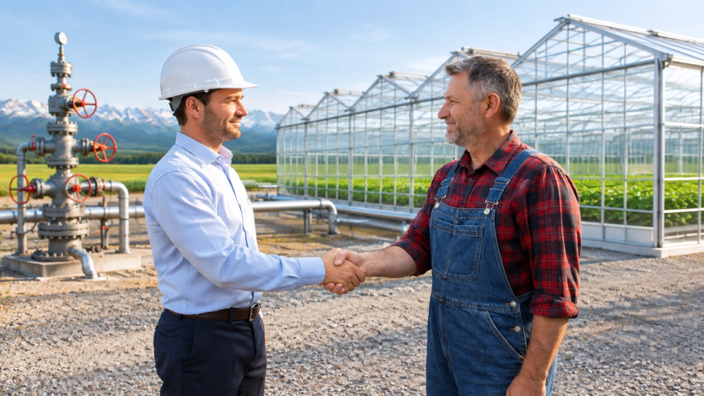 Two men shake hands outside a greenhouse facility, with industrial valves and piping in the foreground and mountains in the background.