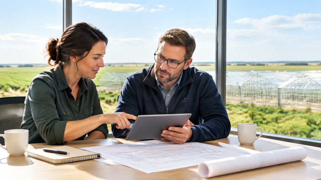 Two colleagues review a tablet together at a sunlit office overlooking farmland and greenhouses behind them.